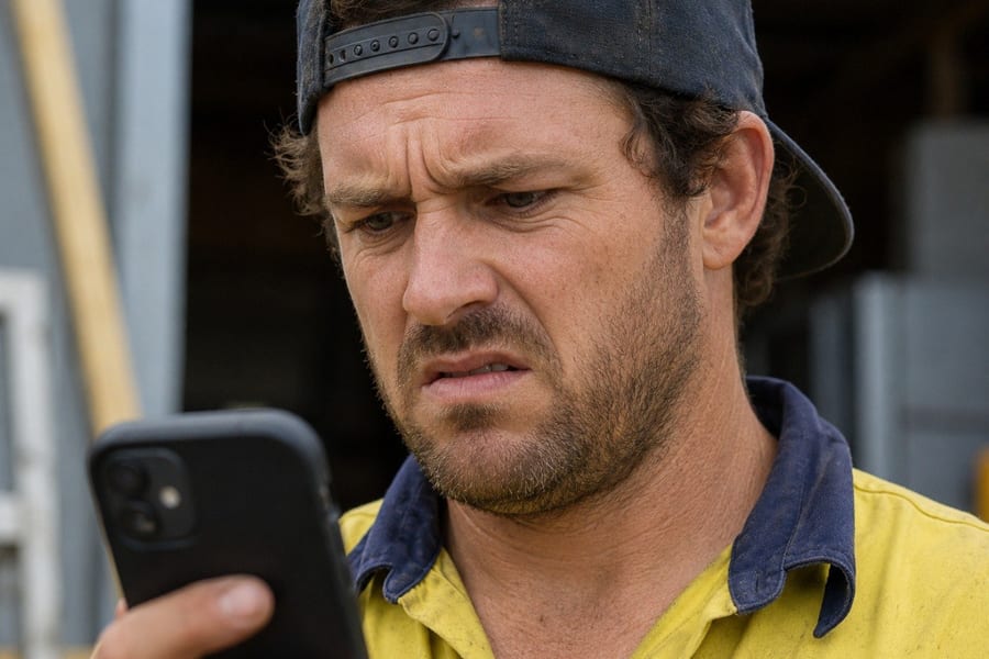 Tradie answering service frustration — Australian tradie looking at missed calls on phone