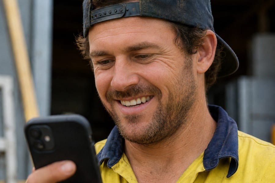 Happy Australian tradie smiling at phone — never misses a job with AnswerMate